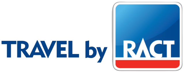Logo with text 'TRAVEL by RACT' featuring a blue square with white 'RACT' letters and a red underline.