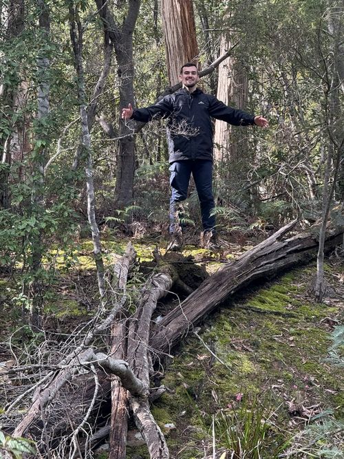 Man in black jacket standing in a dense forest with arms outstretched among trees and moss-covered ground.