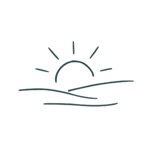 Simple line drawing of a sun rising over rolling hills.