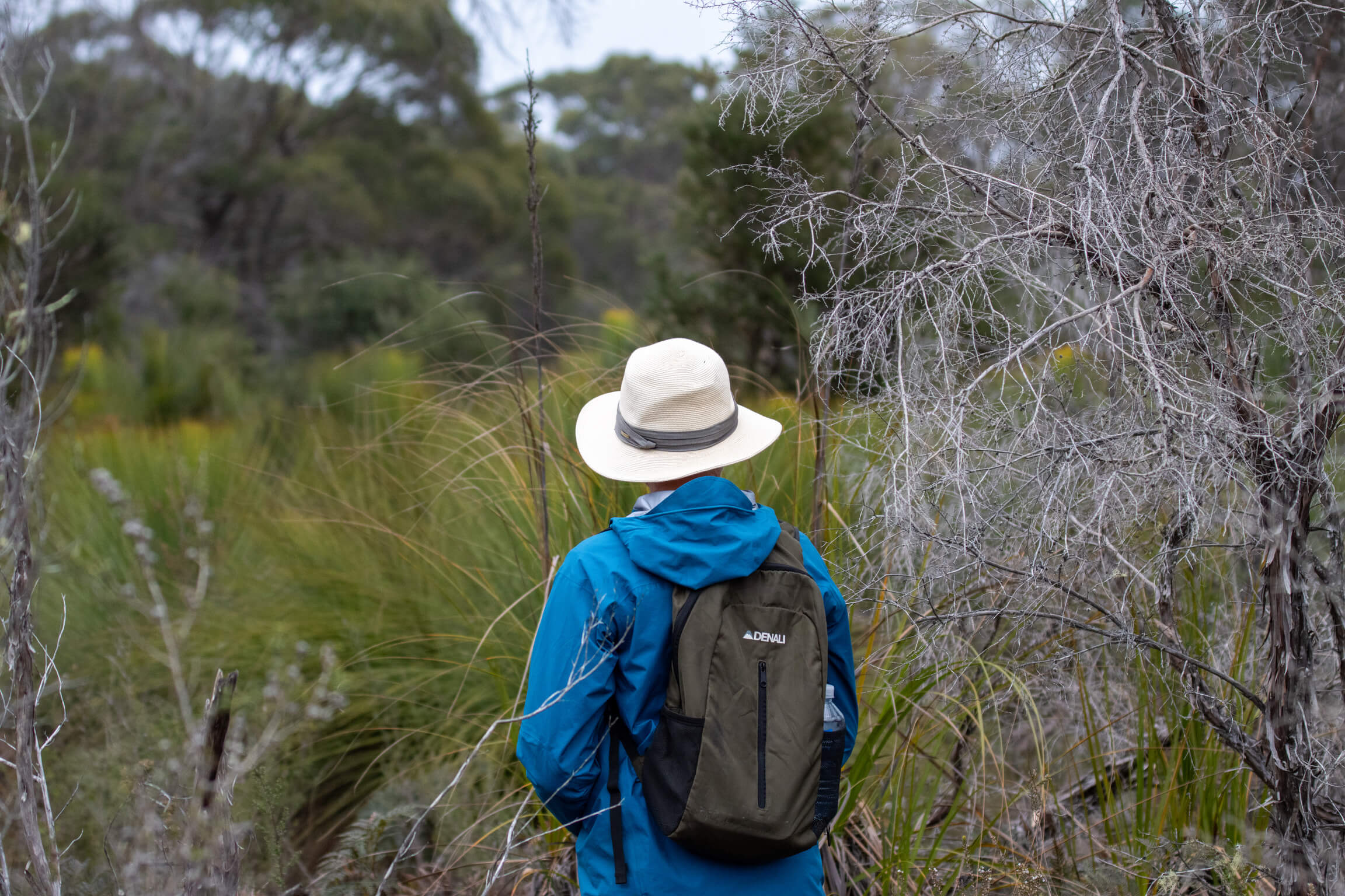 Modern kitchen and dining area with wooden floor, black metal chairs, wooden dining table, black refrigerator, and wood-paneled living room visible through an open doorway.