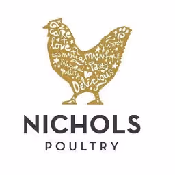 Nichols Poultry logo featuring a golden chicken silhouette filled with words like fresh, tasty, delicious, and farm.