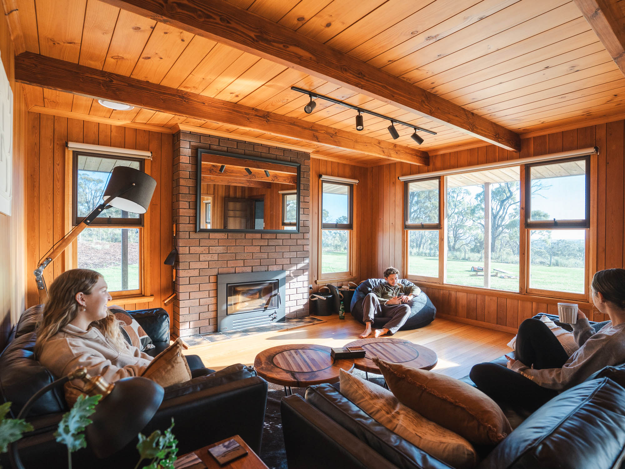 Charcuterie board with assorted cheeses, crackers, sliced meats, grapes, dips, nuts, popcorn, and breadsticks on a dark wooden picnic table with a bottle and glass of red wine.