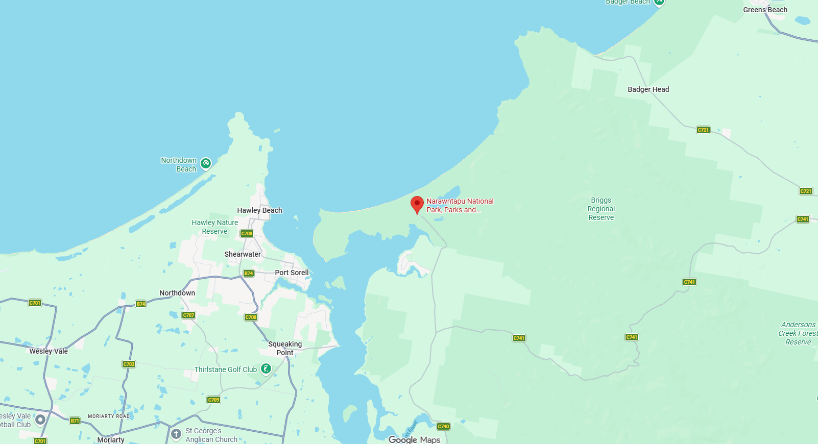 Map showing coastal area near Port Sorell, Hawley Beach, Bakers Beach, and surrounding roads and landmarks in Tasmania, Australia.