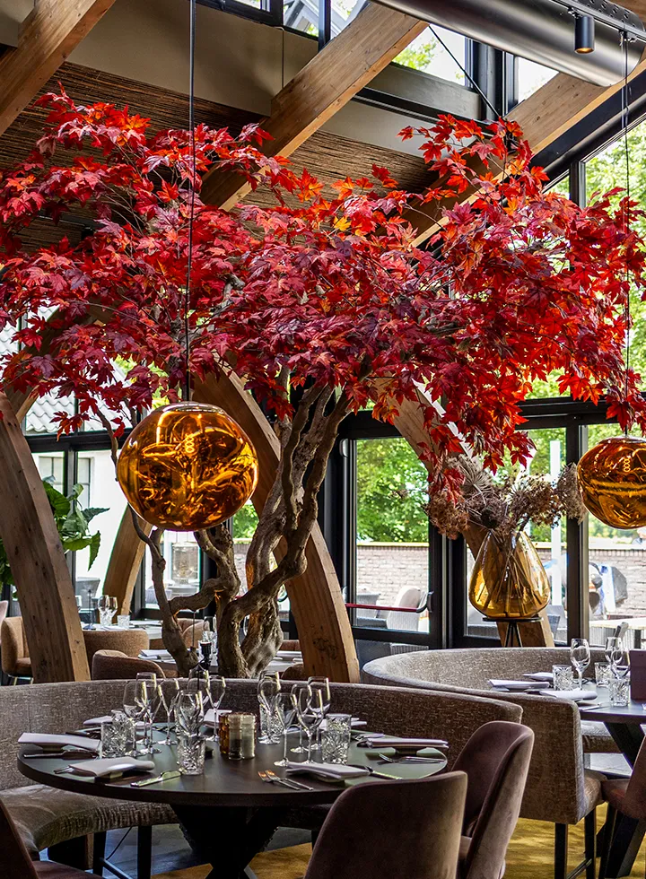 Gezellige restaurantsetting met ronde tafels, glazen en bestek, en een grote binnenboom met rode bladeren als centraal decoratie-element.