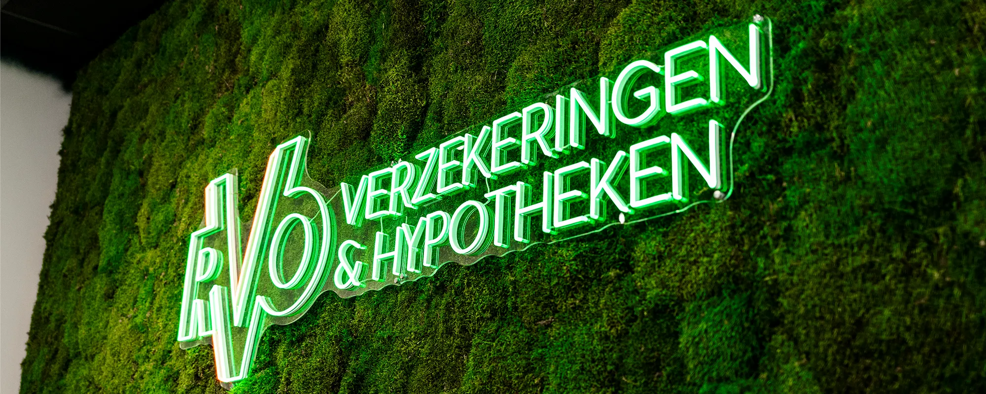 Neon groen verlicht bord met de tekst 'RVO verzekeringen & hypotheken' op een moswand.