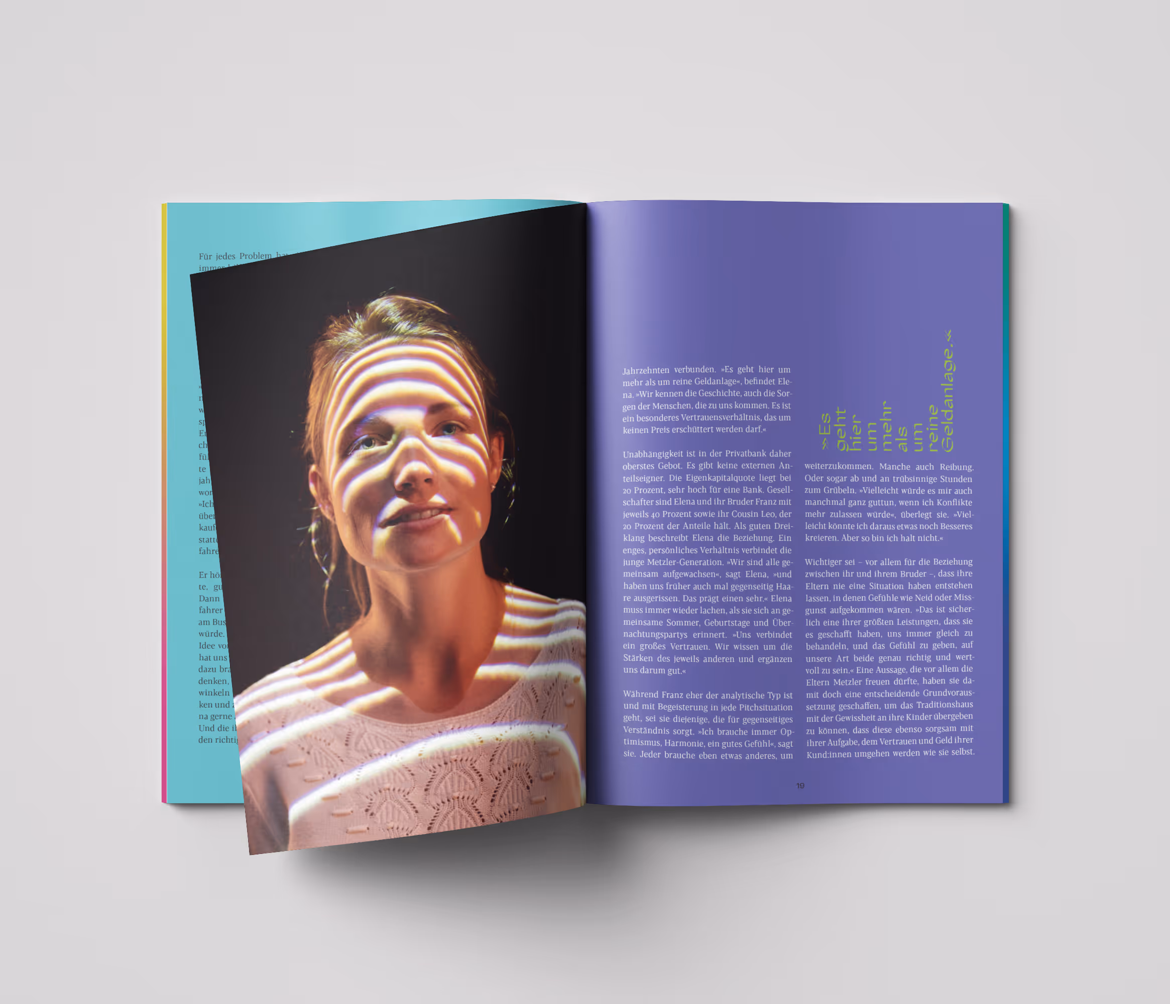 emilo-Magazin Nr. 4 aufgeschlagen: Porträt von Elena von Metzler links, Textseite auf Violett rechts