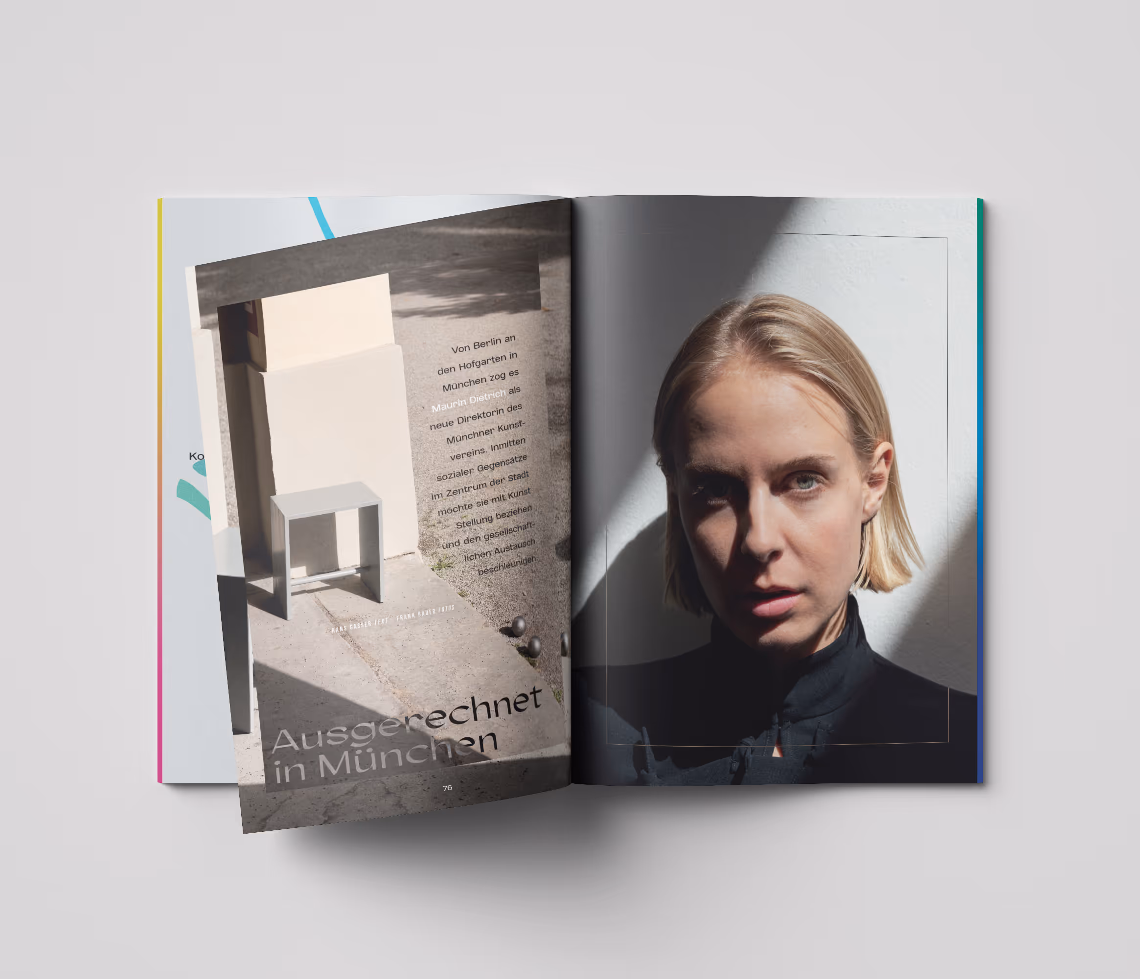 emilo-Magazin Nr. 4 aufgeschlagen: Raumfoto links, Porträt von Maurin Dietrich