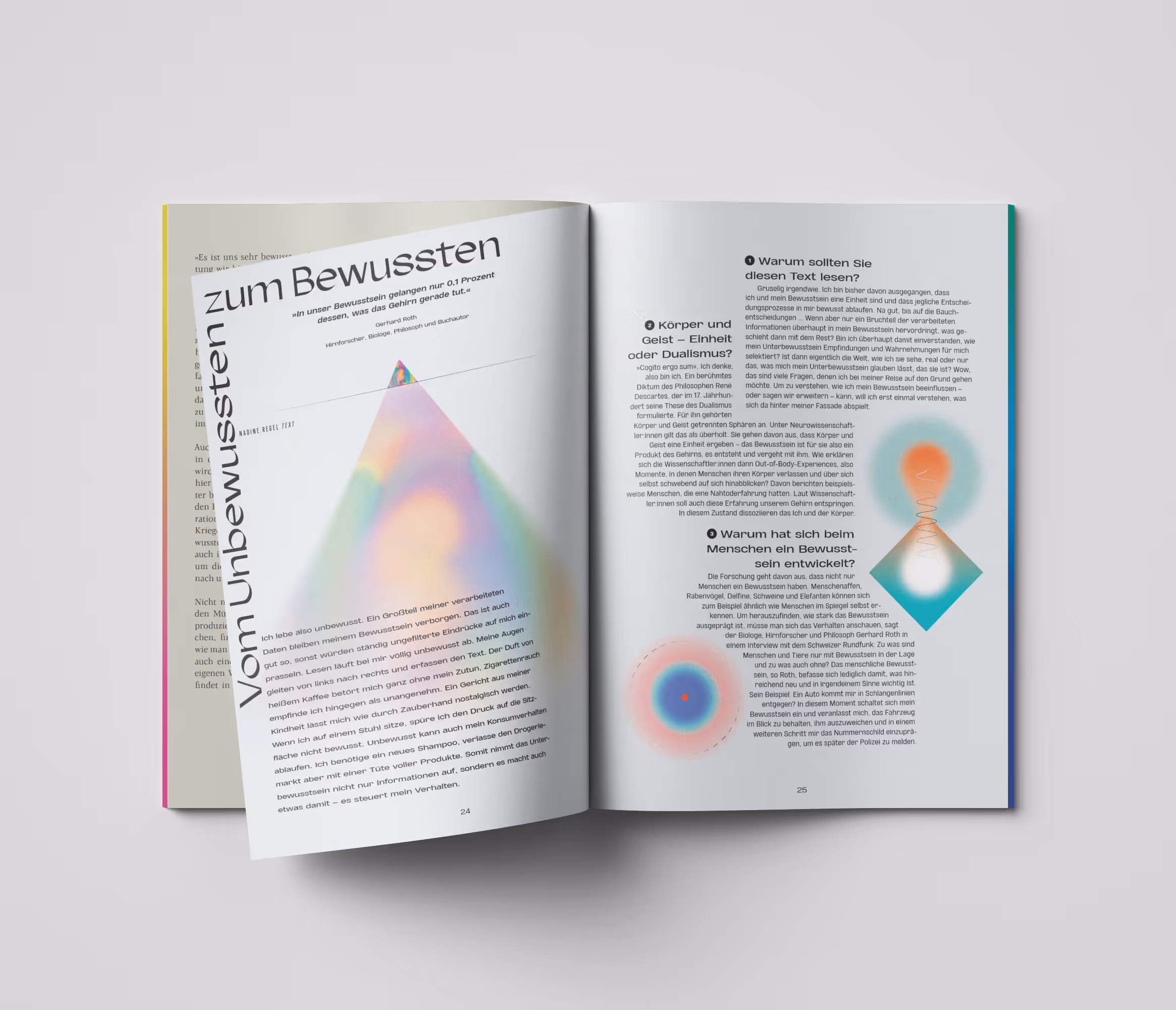 emilo-Magazin Nr. 4 aufgeschlagen: helle Seiten mit farbigen abstrakten Illustrationen