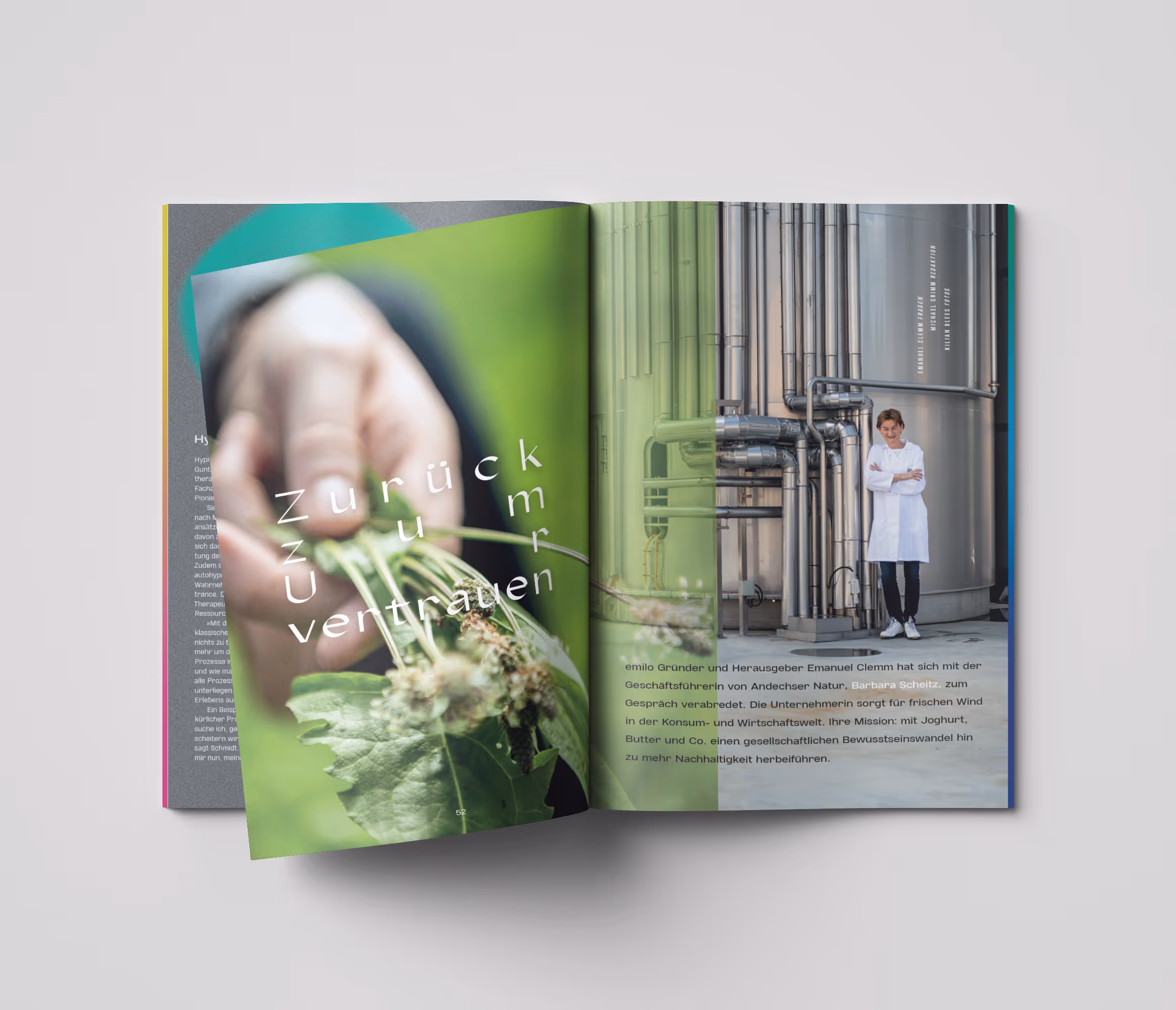 emilo-Magazin Nr. 4 aufgeschlagen: Hand hält eine Pflanze, daneben Barbara Scheitz vor Fabrik