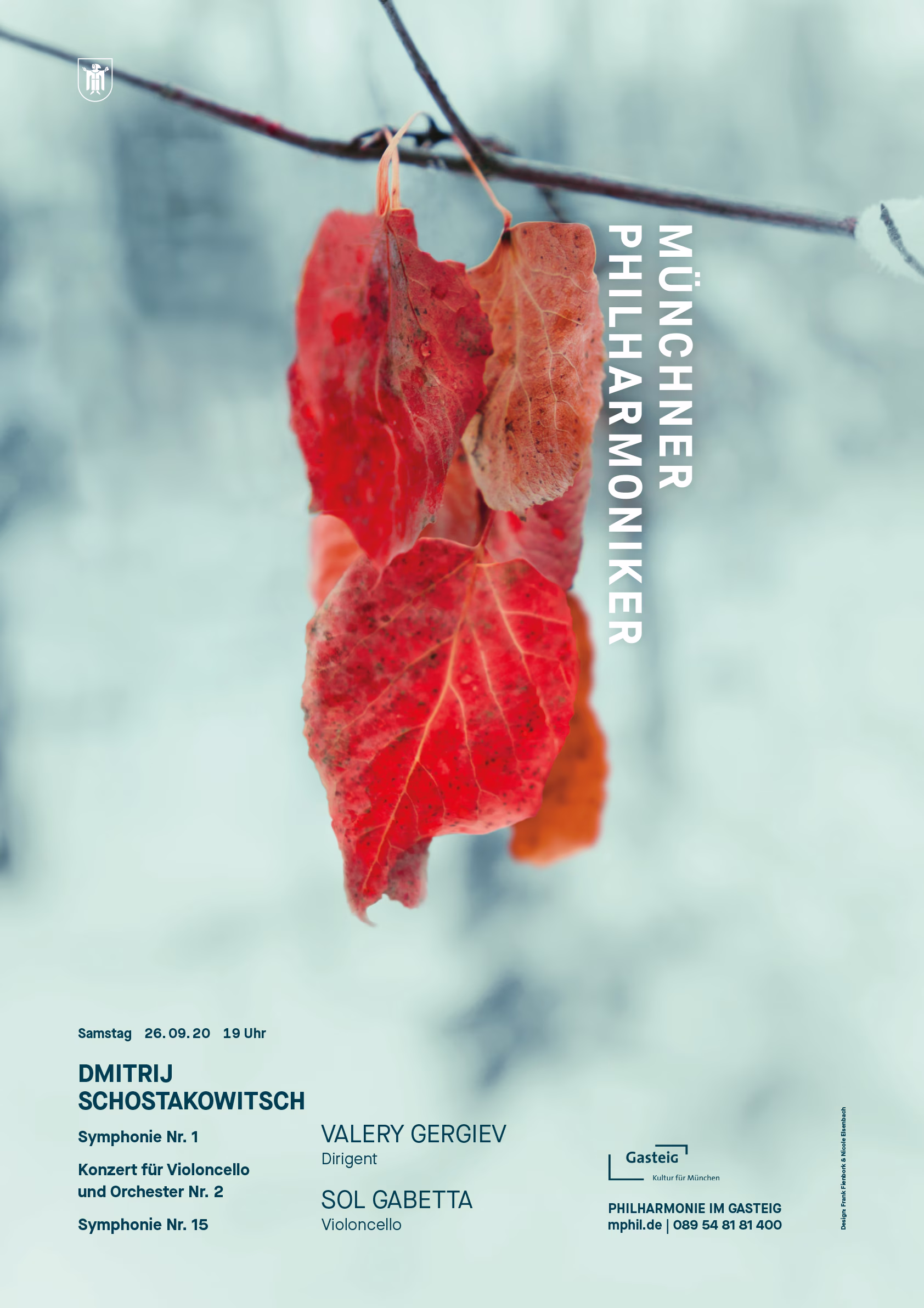 Plakat Münchner Philharmoniker mit Logo als rotes Blatt an einem Zweig