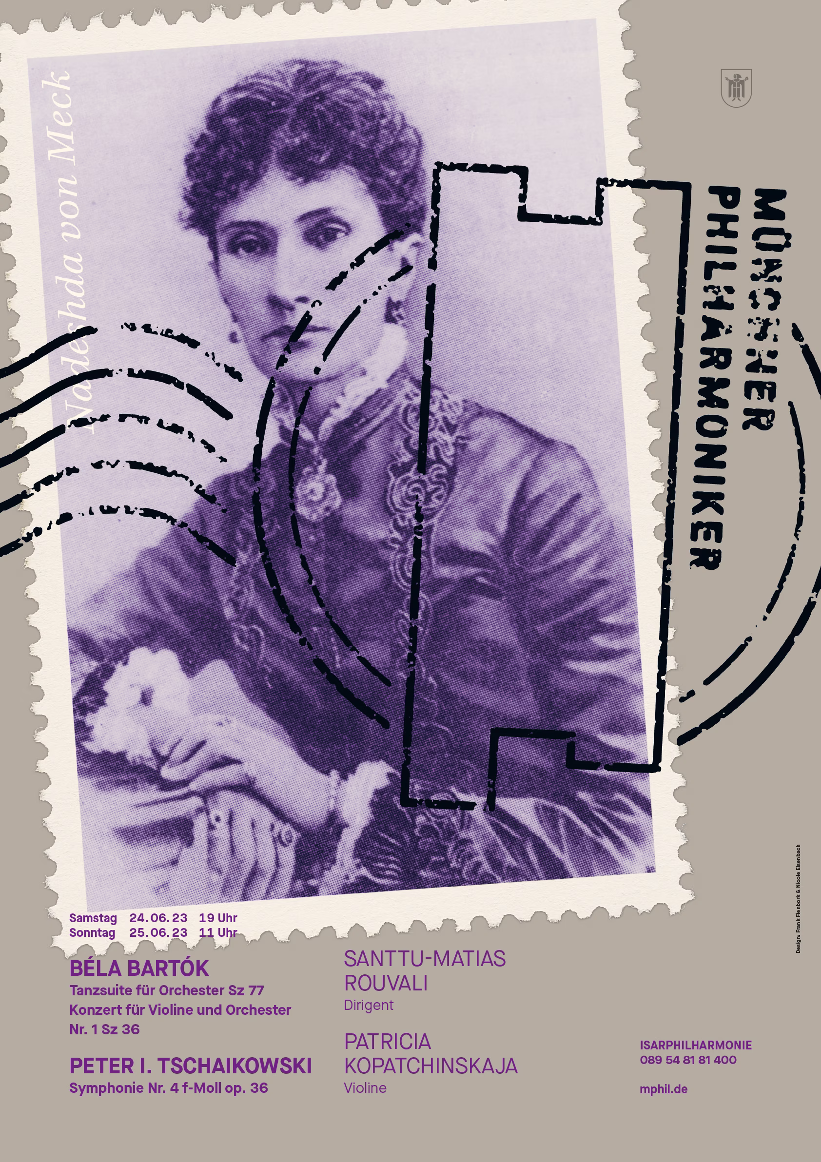 Plakat Münchner Philharmoniker mit Briefmarken-Porträt und Logo als Stempel