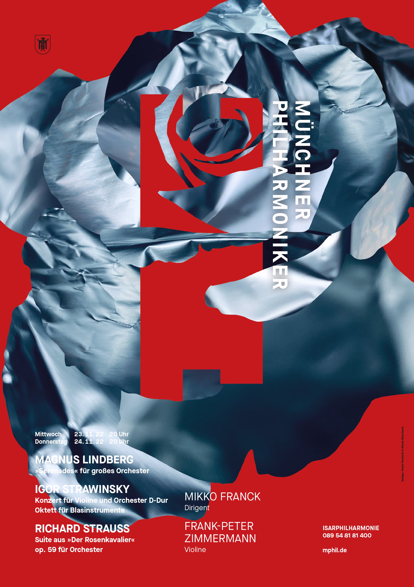 Plakat Münchner Philharmoniker mit Rose aus zerknitterter Alufolie