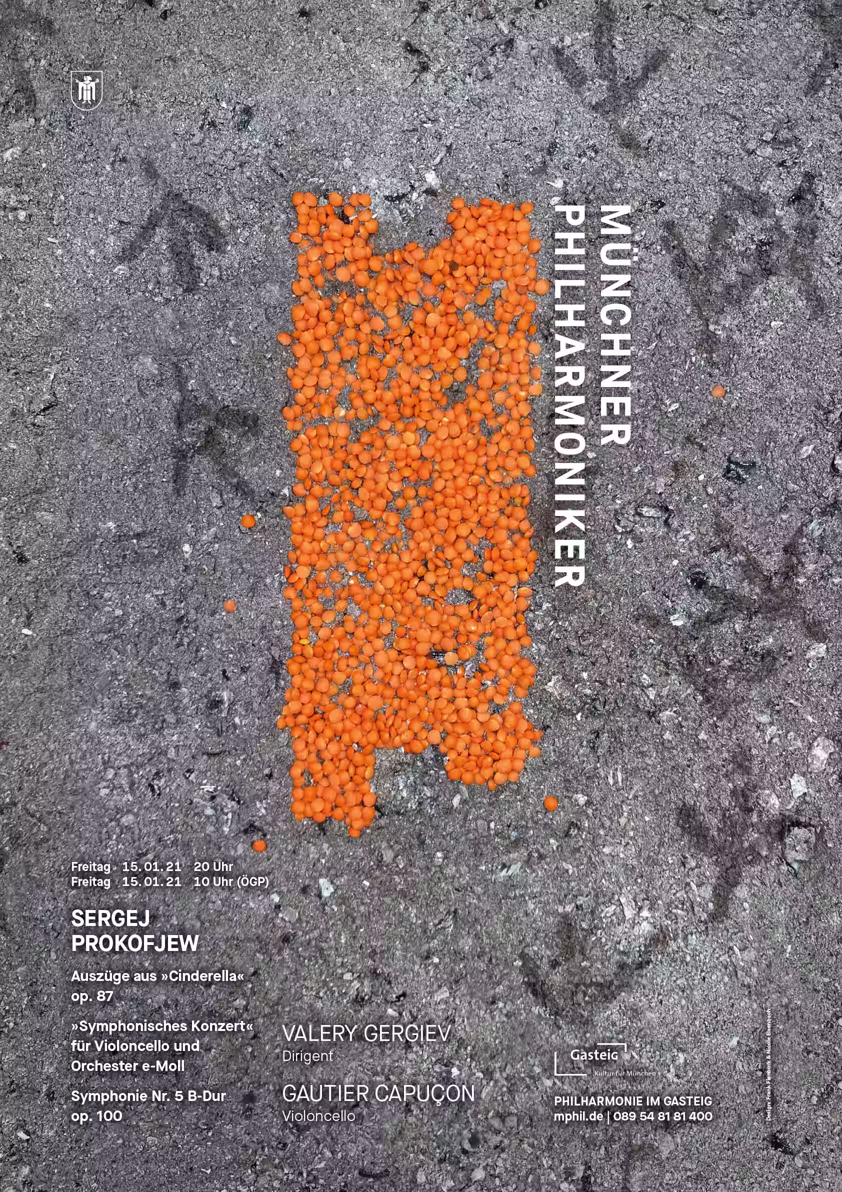 Plakat Münchner Philharmoniker mit Logo aus orangen Linsen