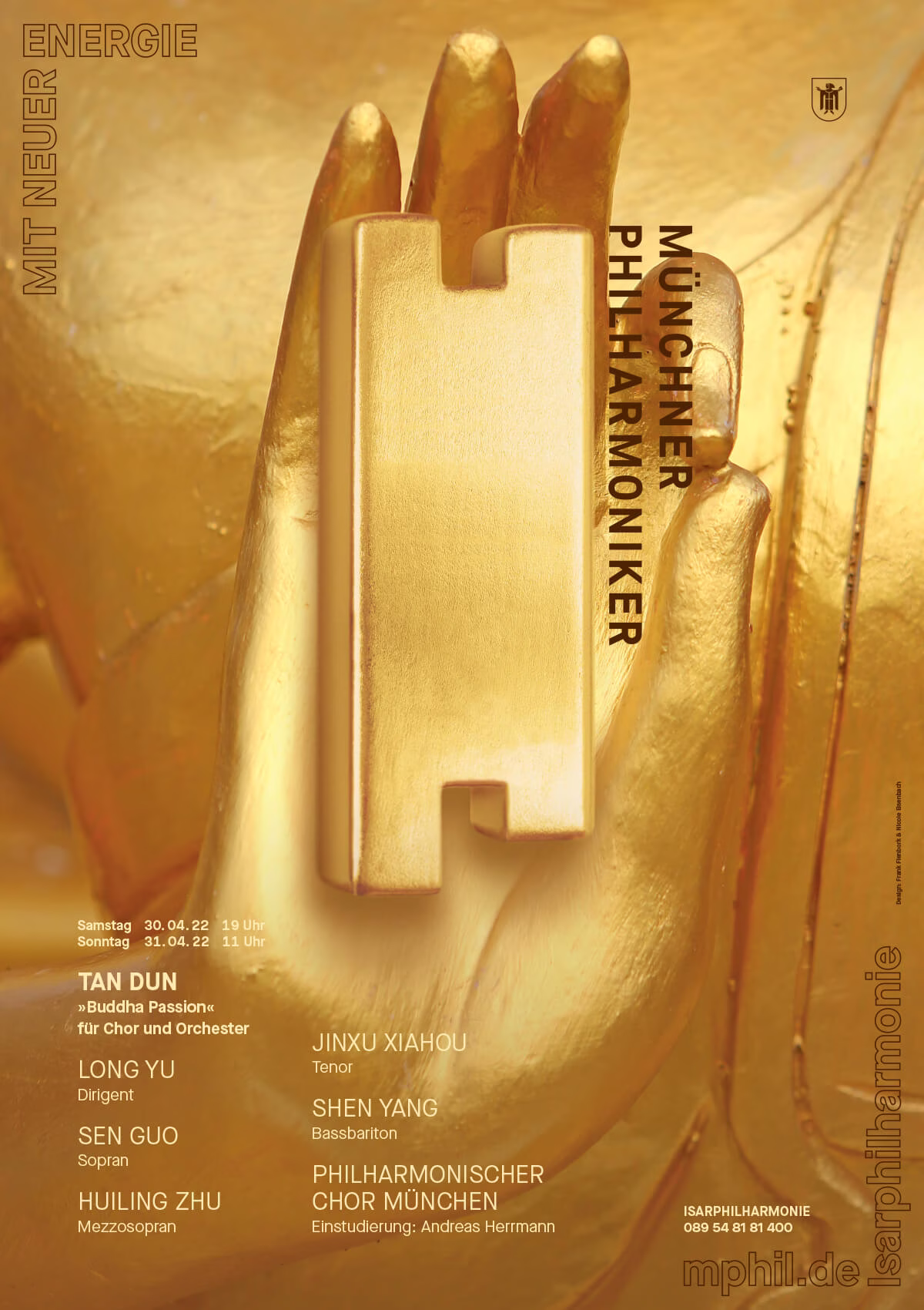 Plakat Münchner Philharmoniker: Logo in Hand einer goldenen Statue