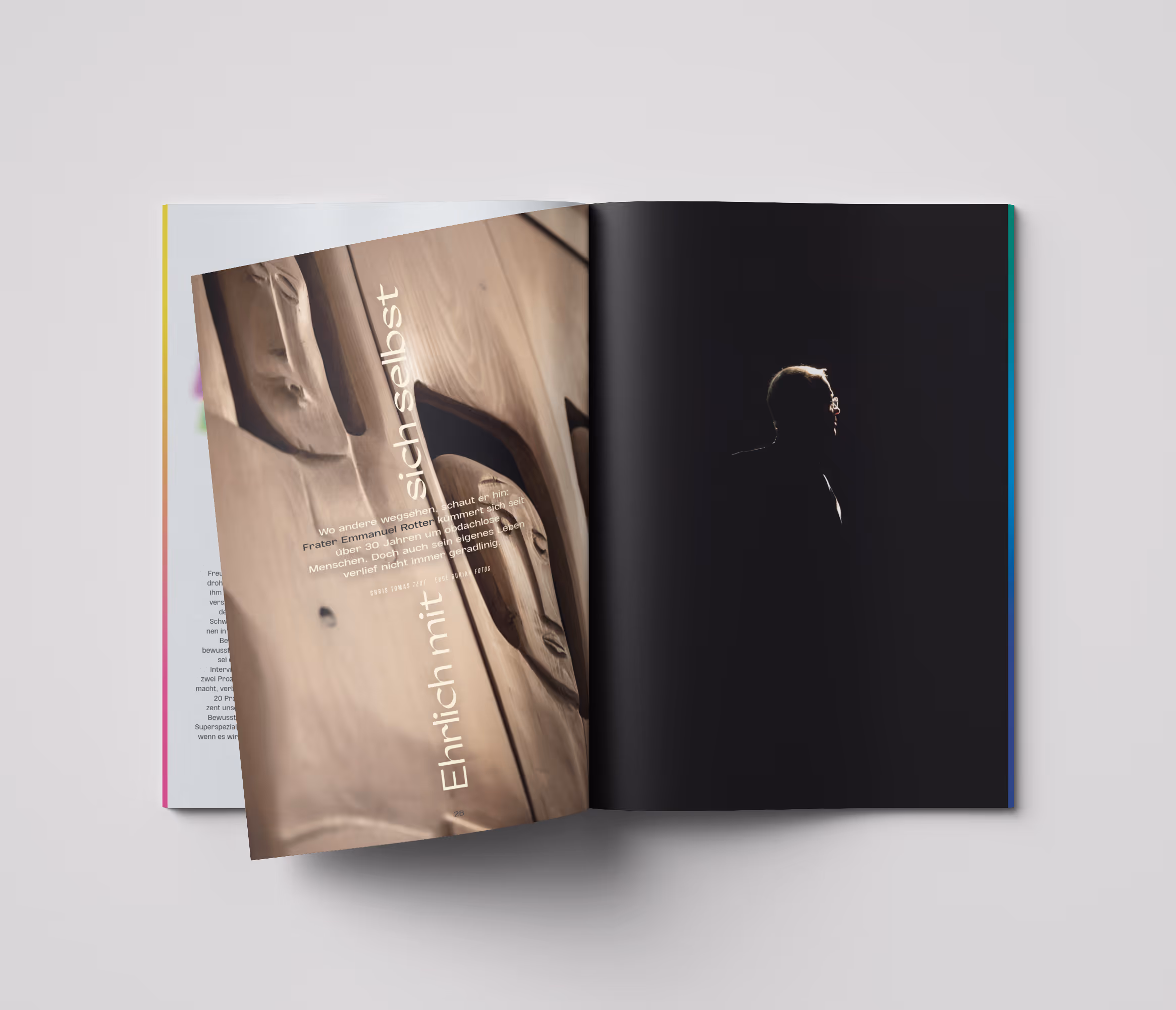 emilo-Magazin Nr. 4 aufgeschlagen: Fotoseite in Brauntönen, daneben schwarze Seite mit Silhouette von Frater Emmanuel Rotter