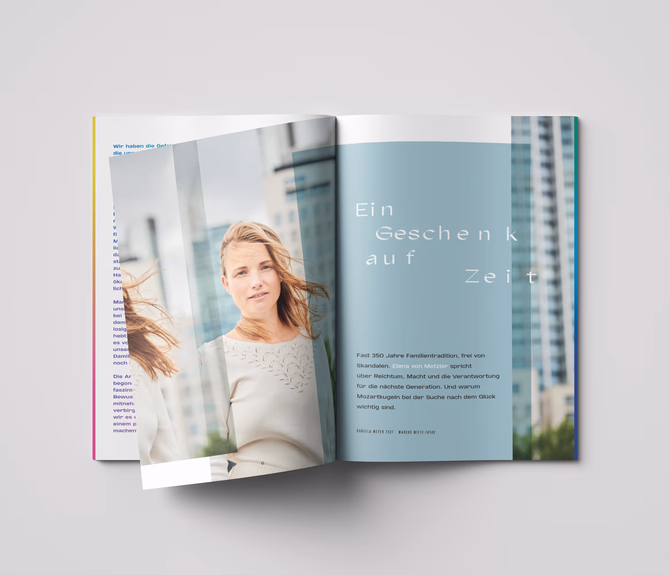 emilo-Magazin Nr. 4 aufgeschlagen: Elena von Metzler in hellem Raum, Textseite