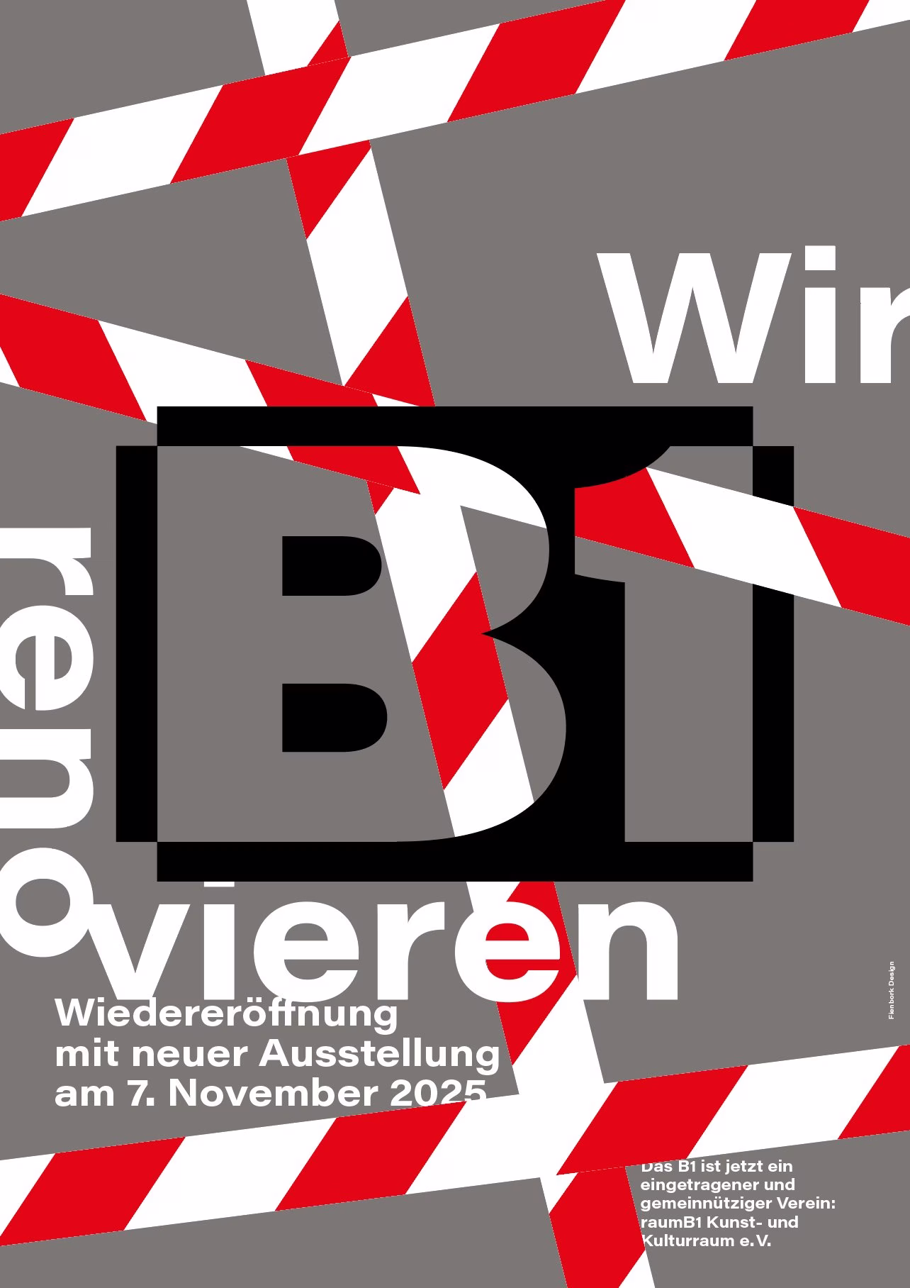 Plakat „Wir renovieren“ von raumB1: B1-Logo mit rot-weißem Absperrband