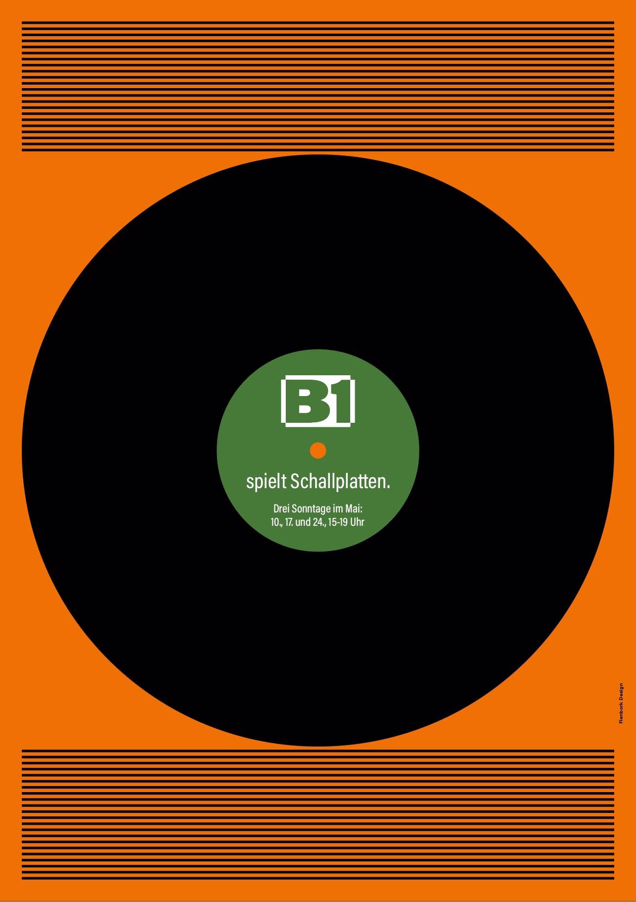 Plakat „raumB1 spielt Schallplatten“: schwarze Schallplatte auf orangem Grund