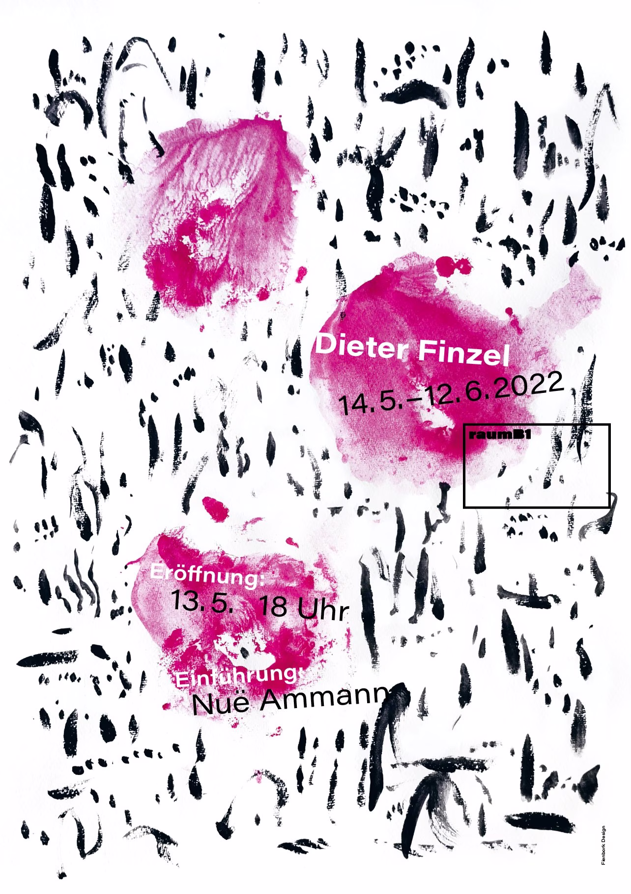 Plakat Dieter Finzel: rosa Farbflecken und schwarze Striche auf Weiß