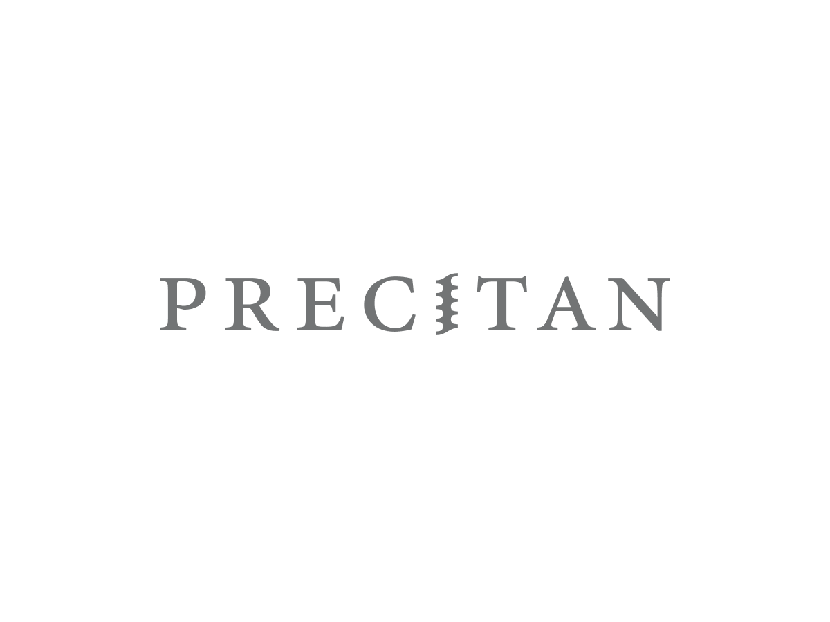 Logo Precitan: graue Serifenschrift mit gezacktem I