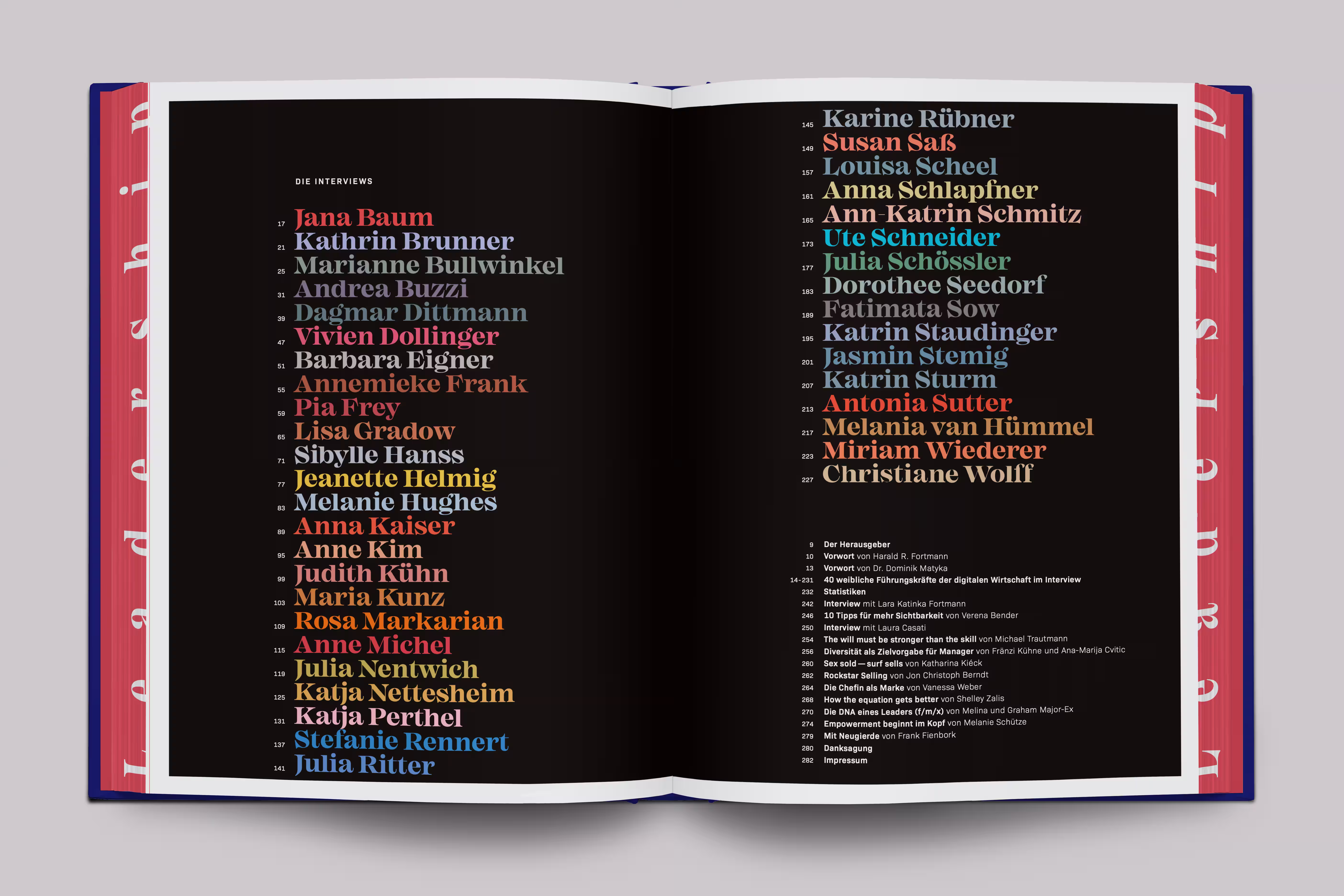 Female Leadership Pictured Buch aufgeschlagen: Inhaltsverzeichnis auf schwarzem Grund