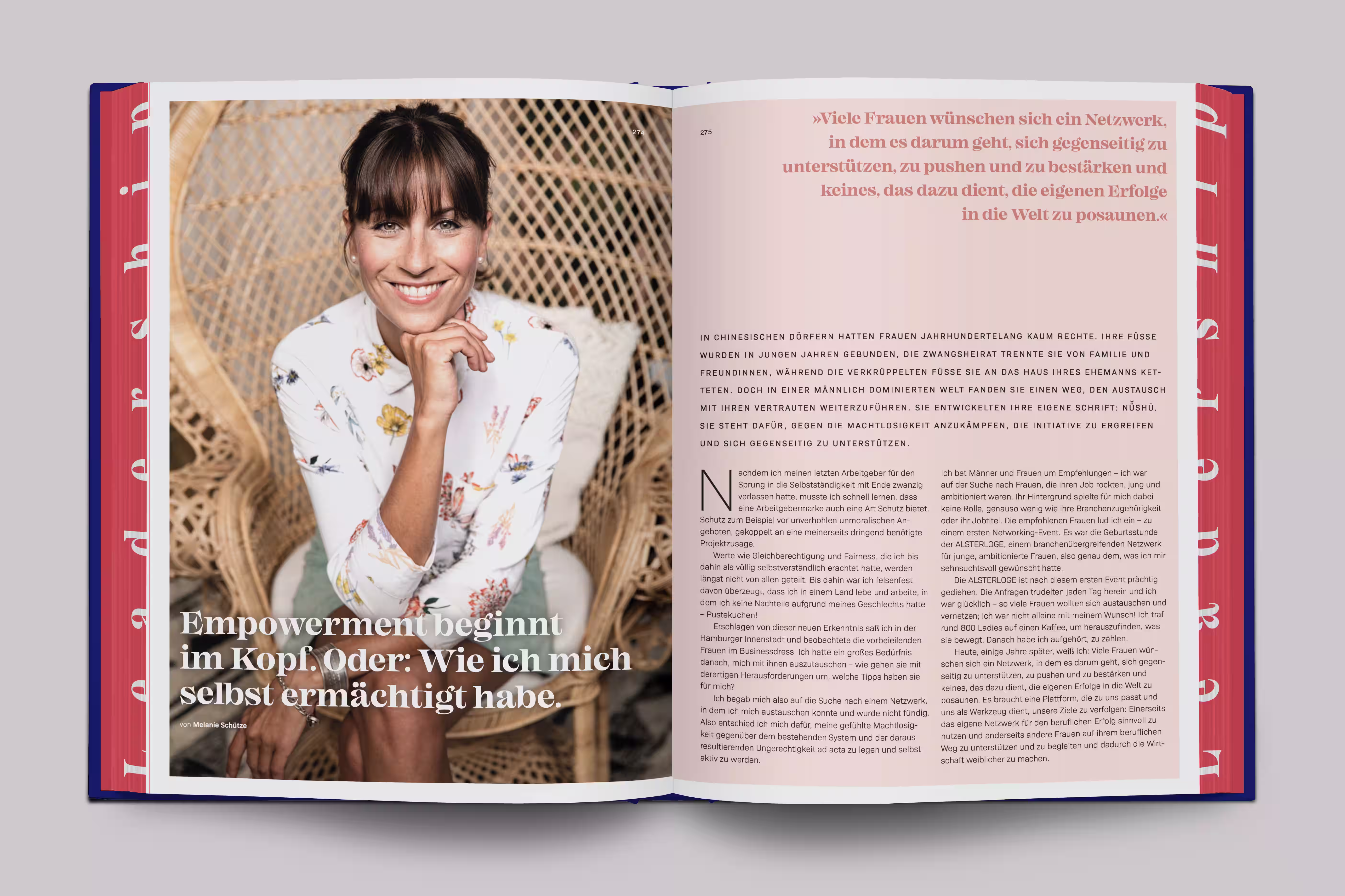 Female Leadership Pictured Buch aufgeschlagen: Frauenporträt links, Textseite rechts