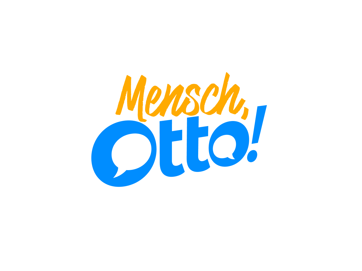Logo „Mensch, Otto!“ in gelbem Handlettering und blauer Schrift mit Sprechblasen