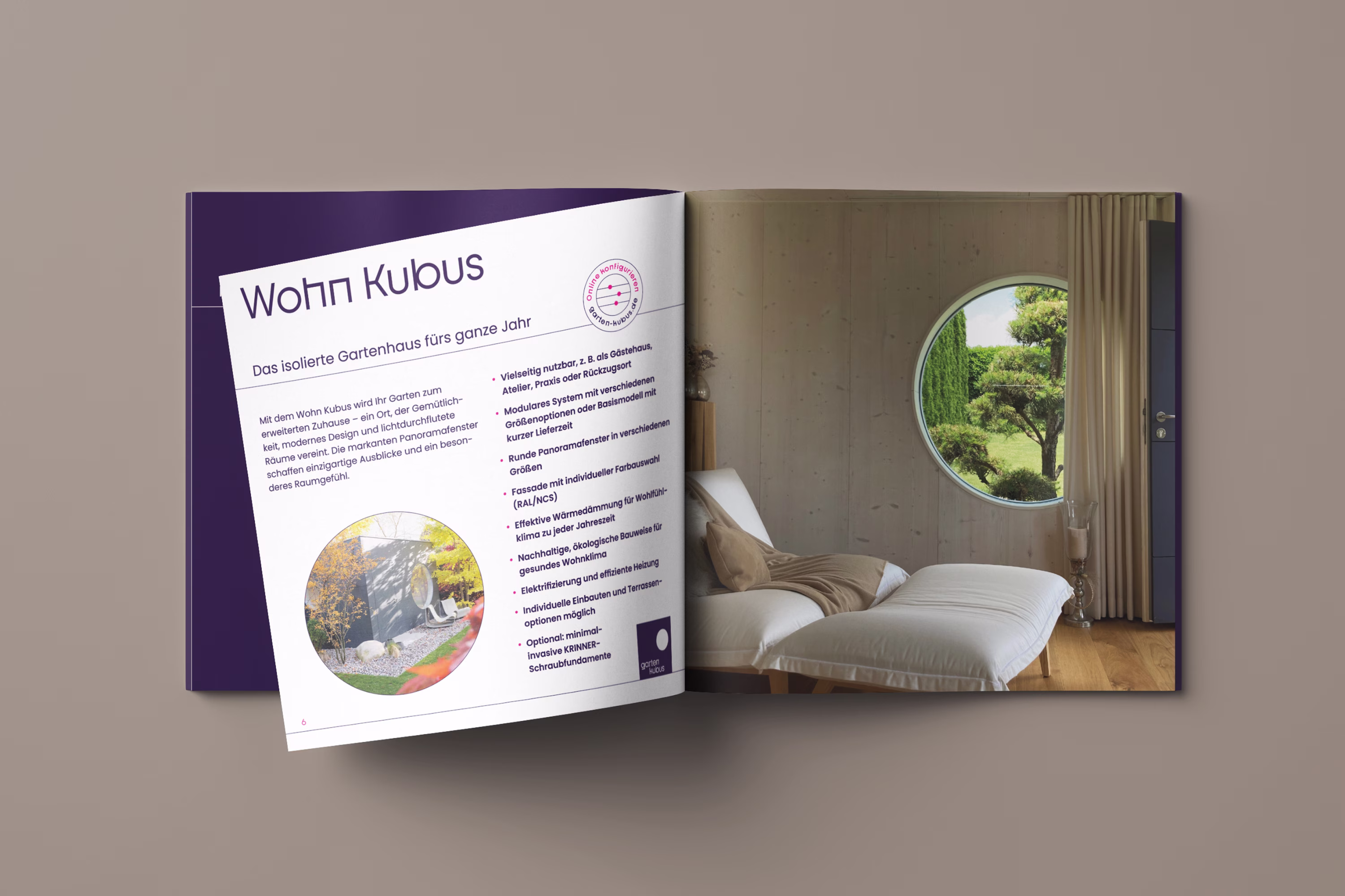 Garten Kubus: aufgeschlagene quadratische Broschüre mit Text und Foto