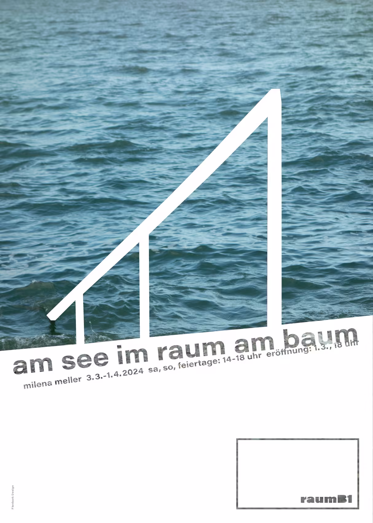 Plakat Milena Meller „am see im raum am baum“: Seefoto mit weißer Strichzeichnung