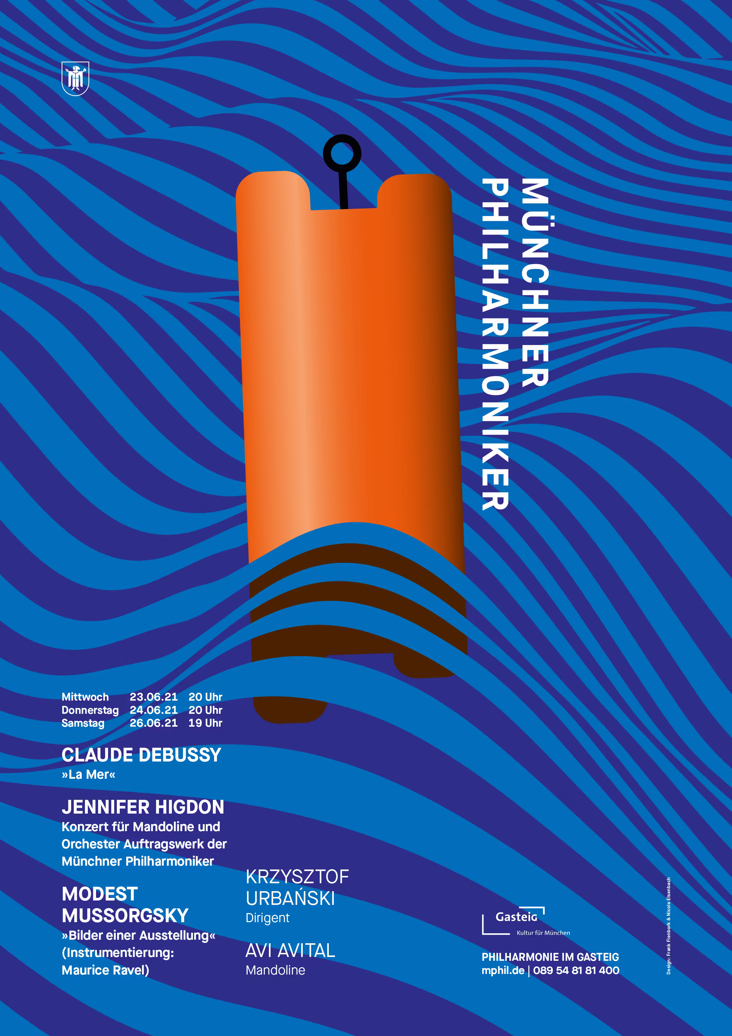 Plakat Münchner Philharmoniker mit orangener Boje auf blauem Wellenmuster