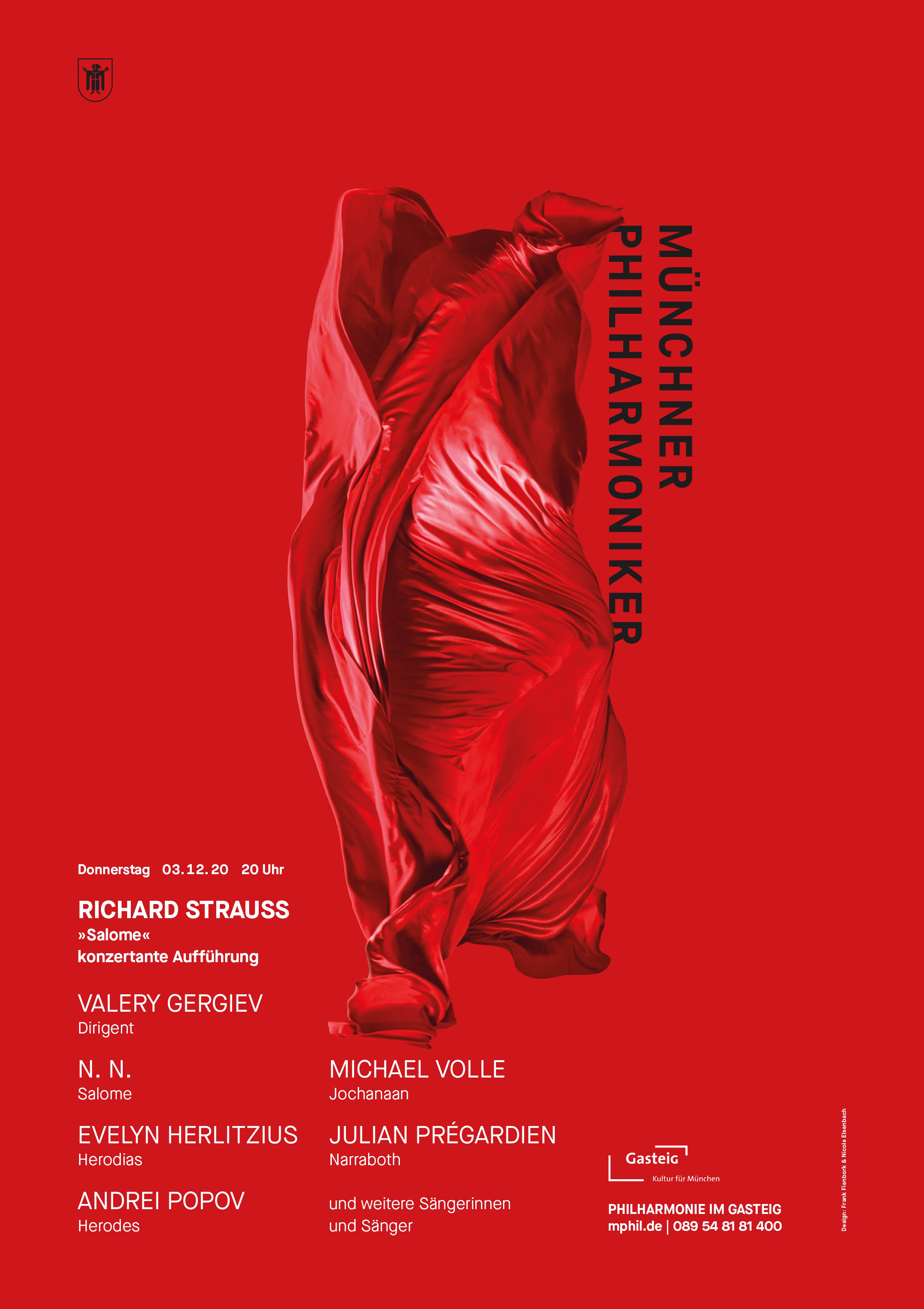 Plakat Münchner Philharmoniker mit rotem Tuch auf rotem Grund