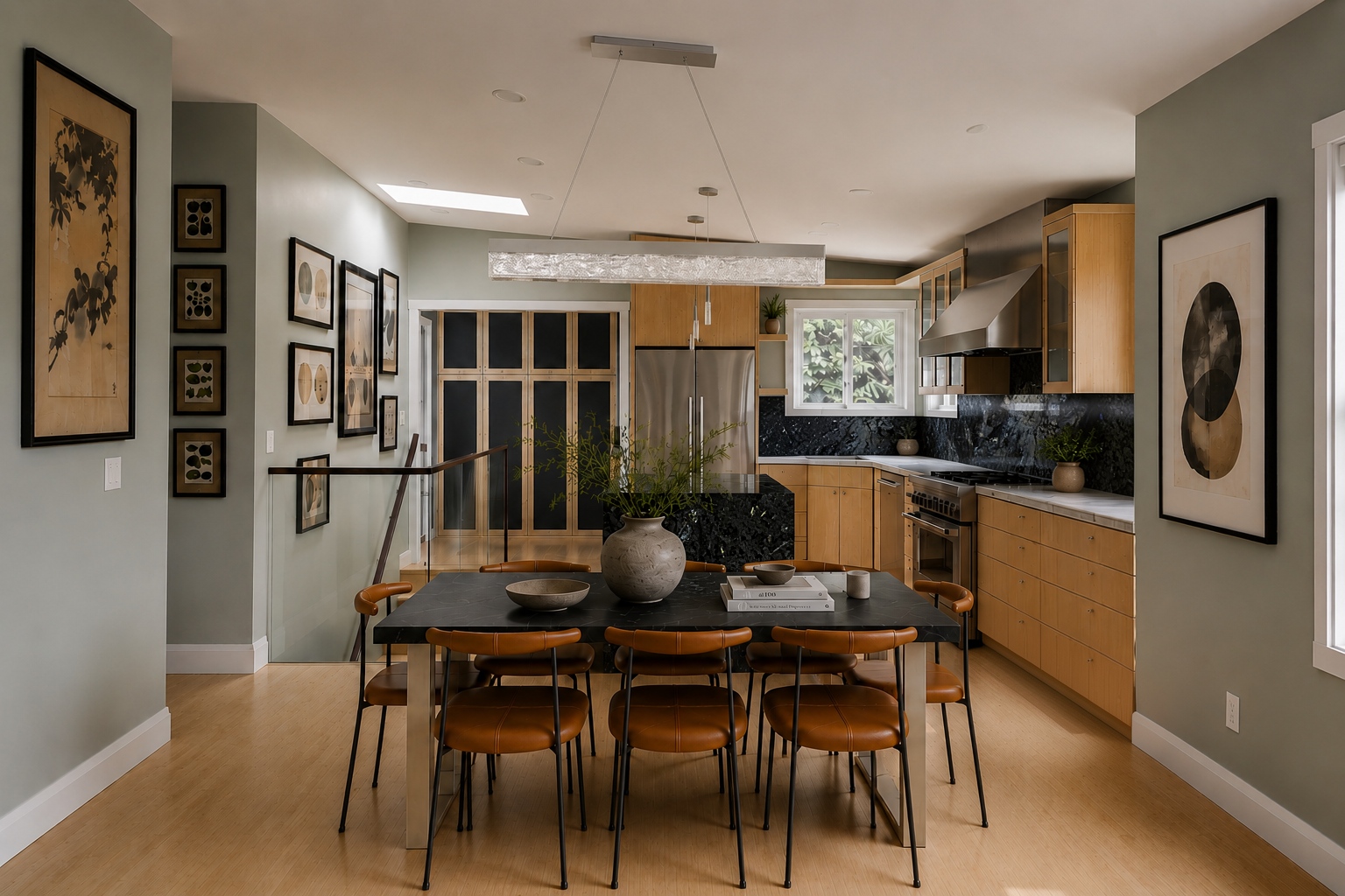 View across the dining table to the kitchen.