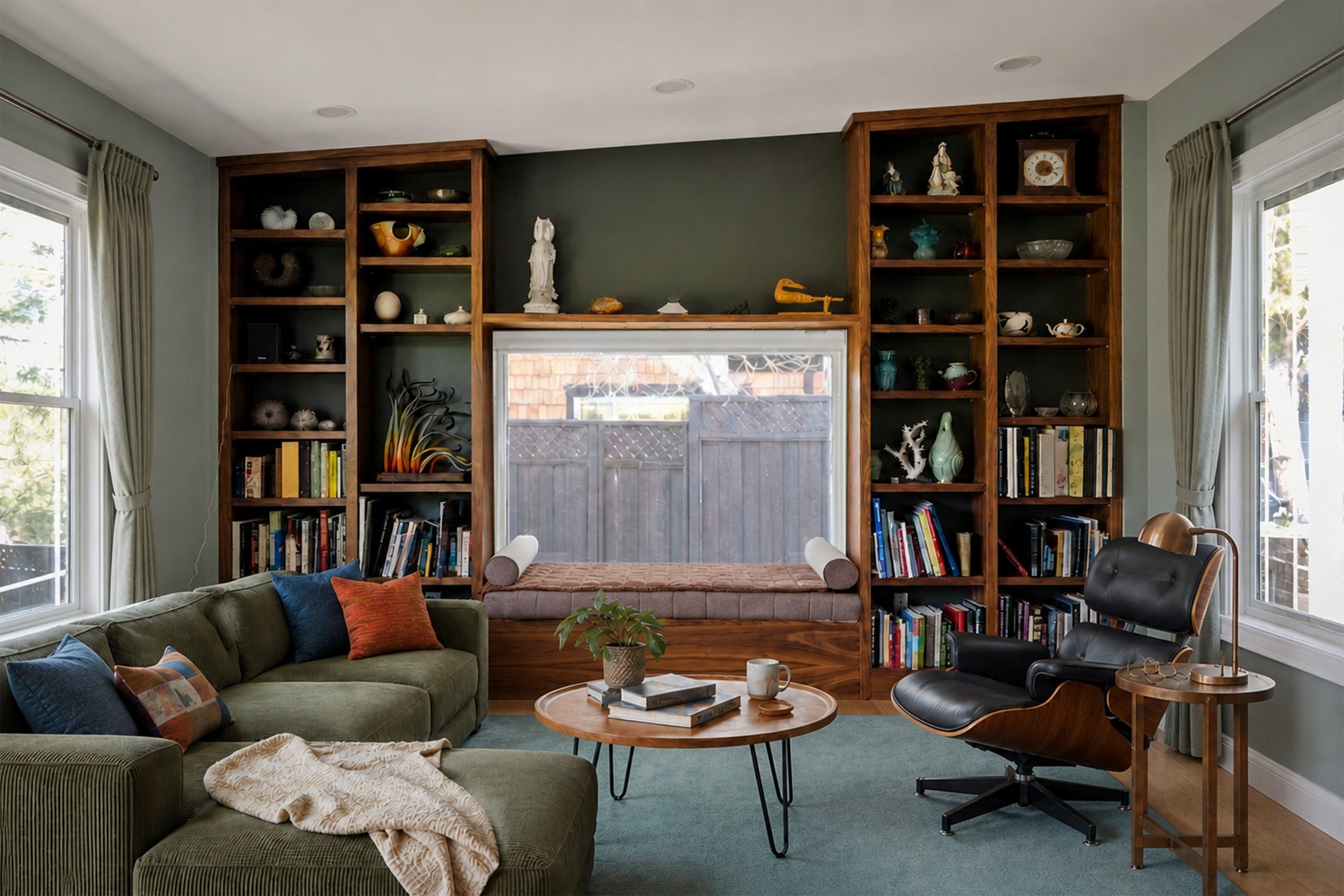 Custom shelving and a bay window seat expand the living room visually, adding storage, daylight, and a comfortable place to gather.