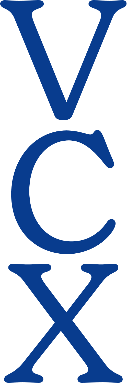 Vertical arrangement of blue capital letters V, C, and X on a transparent background.