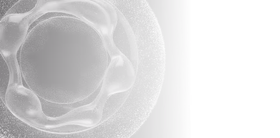 Abstract grayscale graphic of concentric circular waves with tiny particles and flowing translucent shapes.