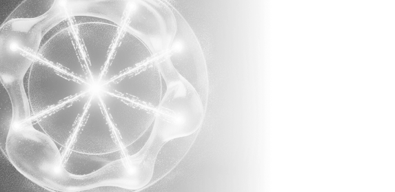 Abstract glowing white geometric shape with radial beams and sparkling particles on a black background.