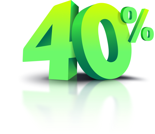 3D green and yellow gradient text showing '40%' with a reflective shadow beneath.