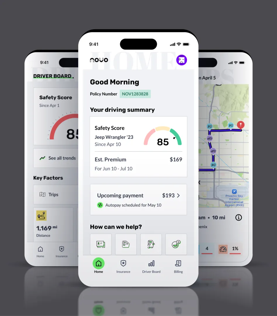 Novo mobile app interface showing a driving summary with a safety score of 85, estimated premium of $169, and navigation tabs for Home, Insurance, Driver Board, and Billing