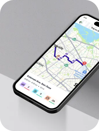 Novo app displaying a map with a highlighted driving route from Palo Alto to San Jose International Airport showing trip details