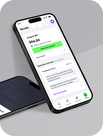 Smartphone screen displaying a billing app showing an August bill of $94.50 with options to make an early payment and view details, alongside a September usage estimate in progress.