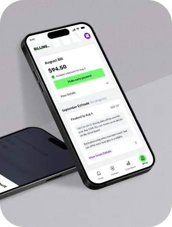 Novo app billing screen showing an August bill of $94.50 with options to make an early payment and view details alongside a September usage estimate