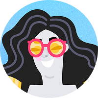 Illustration of a woman smiling with dark hair and pink glasses