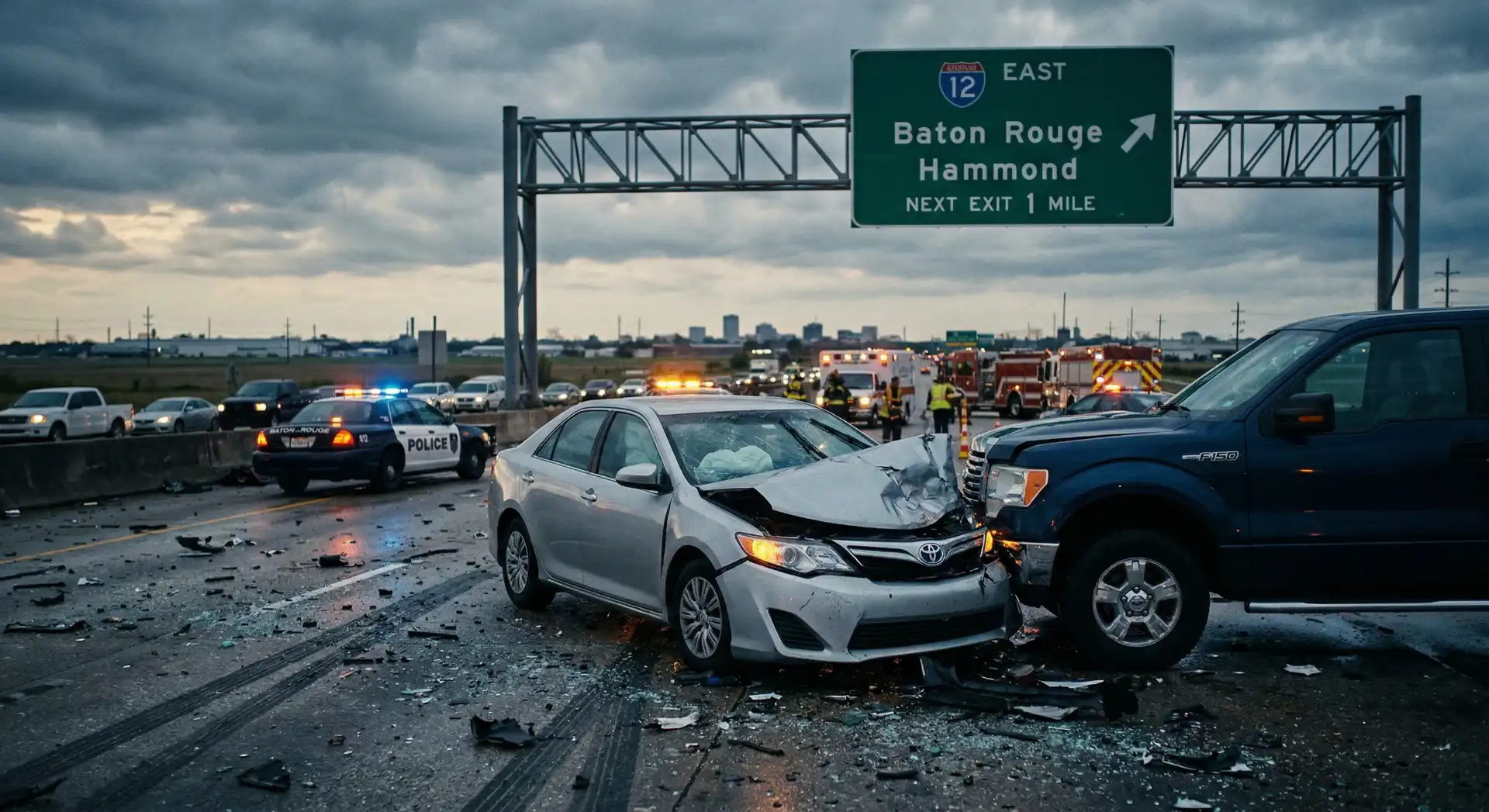 Car Accident on I-12 in Baton Rouge with 1st responders on scene.