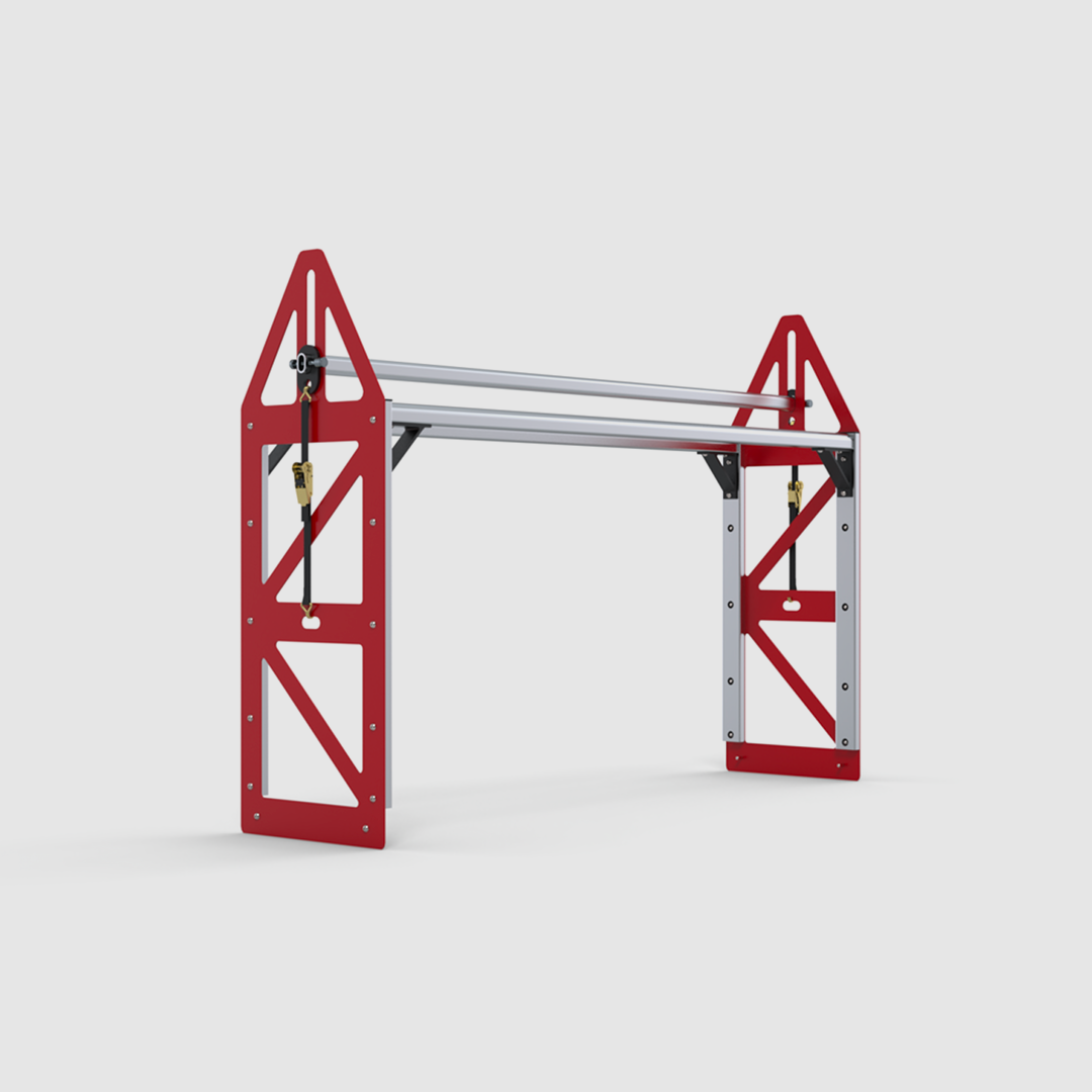 Lockable spare tire rack with anodized aluminum frame and Red end plates for SHIFTR trailer