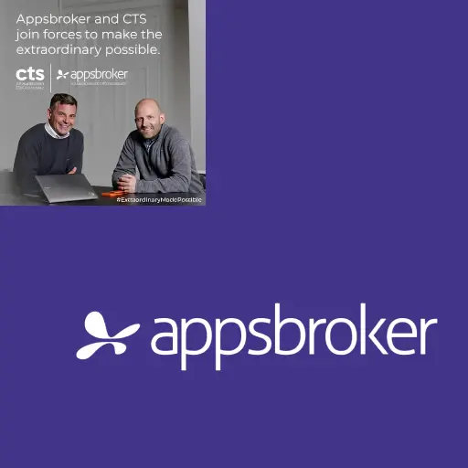 The appsbroker logo with an inset image of the CTS and Appsbroker founders