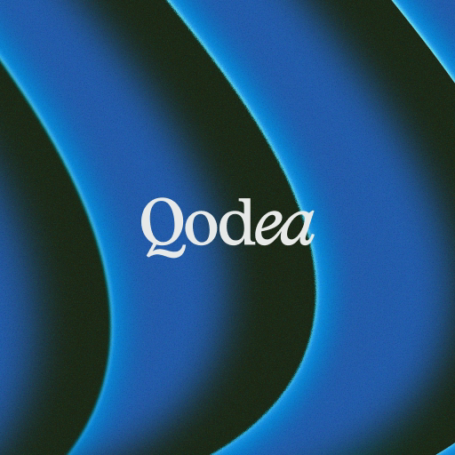 The Qodea logo atop abstract blue shapes