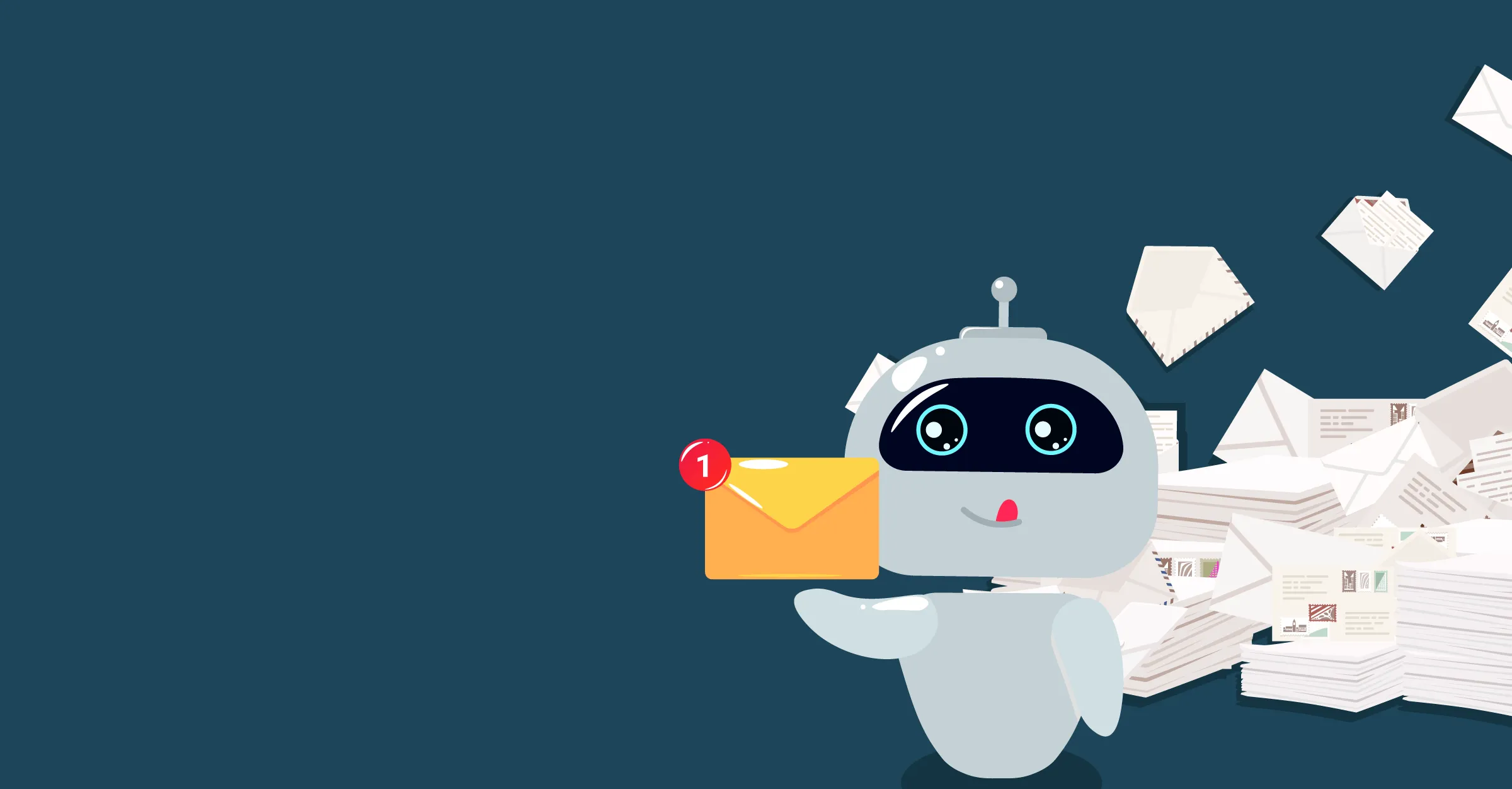 Cute robot holding an envelope with numerous letters in the background.
