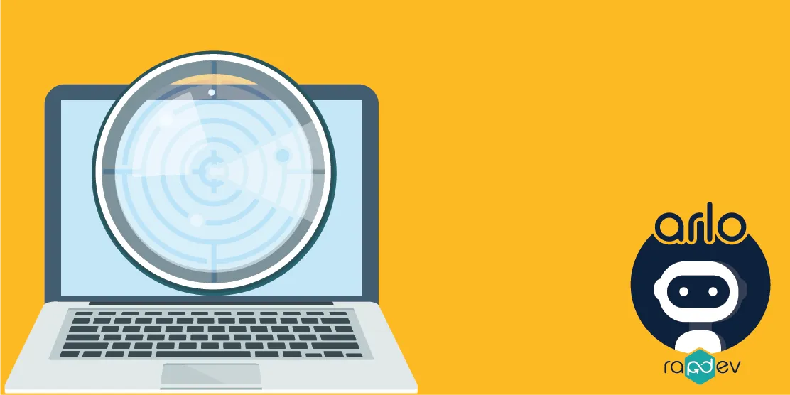Laptop displaying a radar graphic with an illustrated robot logo.
