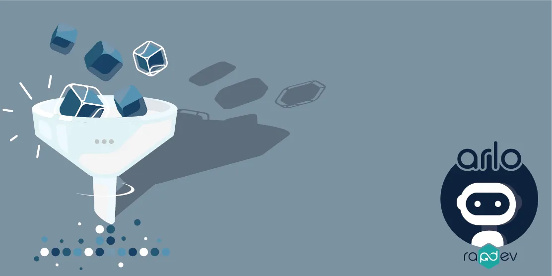 Abstract graphic of a funnel with ice cubes and a robot logo.