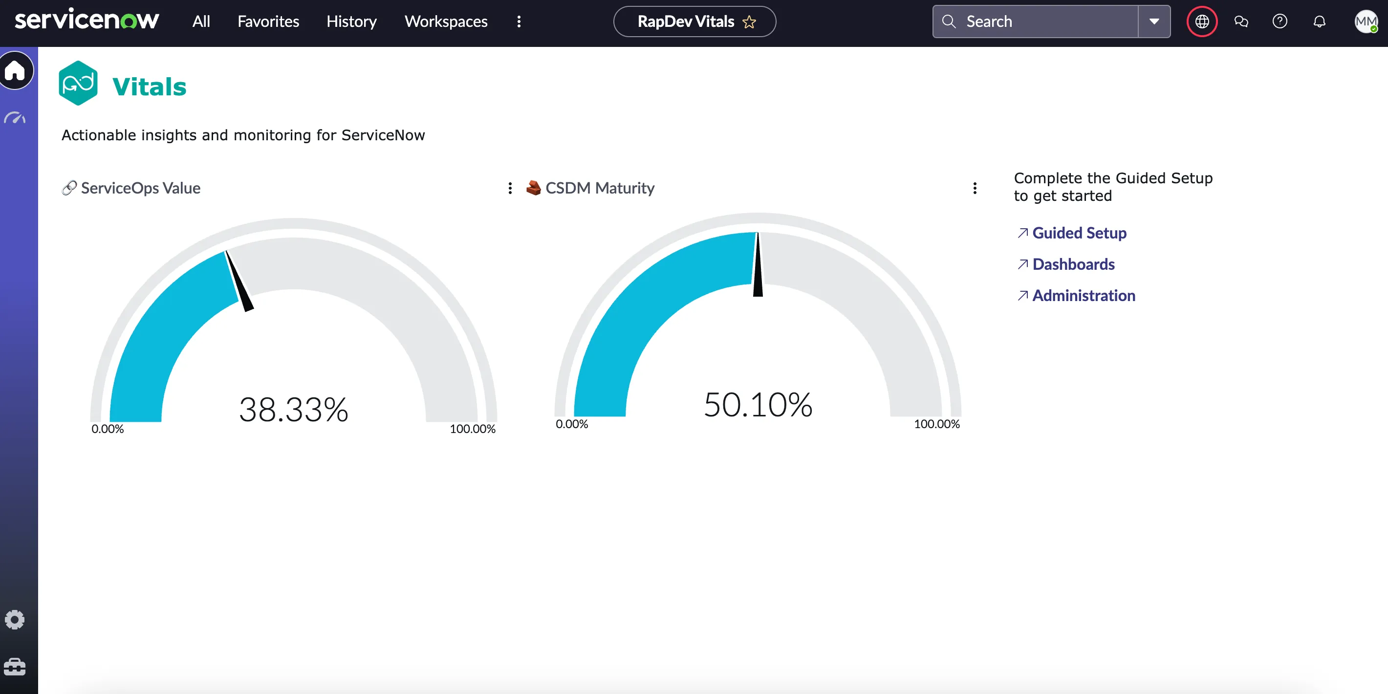 ServiceNow dashboard displaying ServiceOps Value at 38.33% and CSDM Maturity at 50.10%.